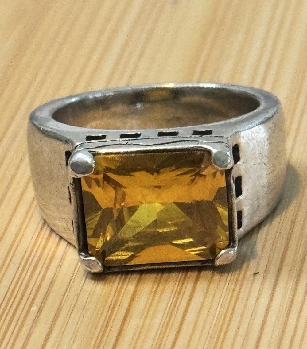 Vintage EX EX Sterling Silver 4-5 Carat Citrine Emerald Cut 925 Ring Size 8, 15g